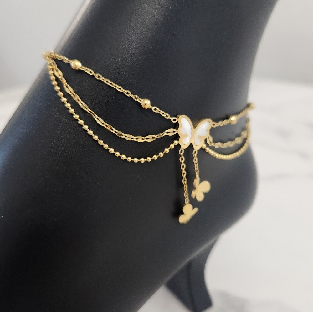 Gold & Mother Of Pearl Layered Butterfly Anklet - Picture 6 of 14
